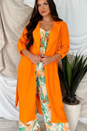 Live Colorfully Tie-Waist Linen Trench Coat (Orange)