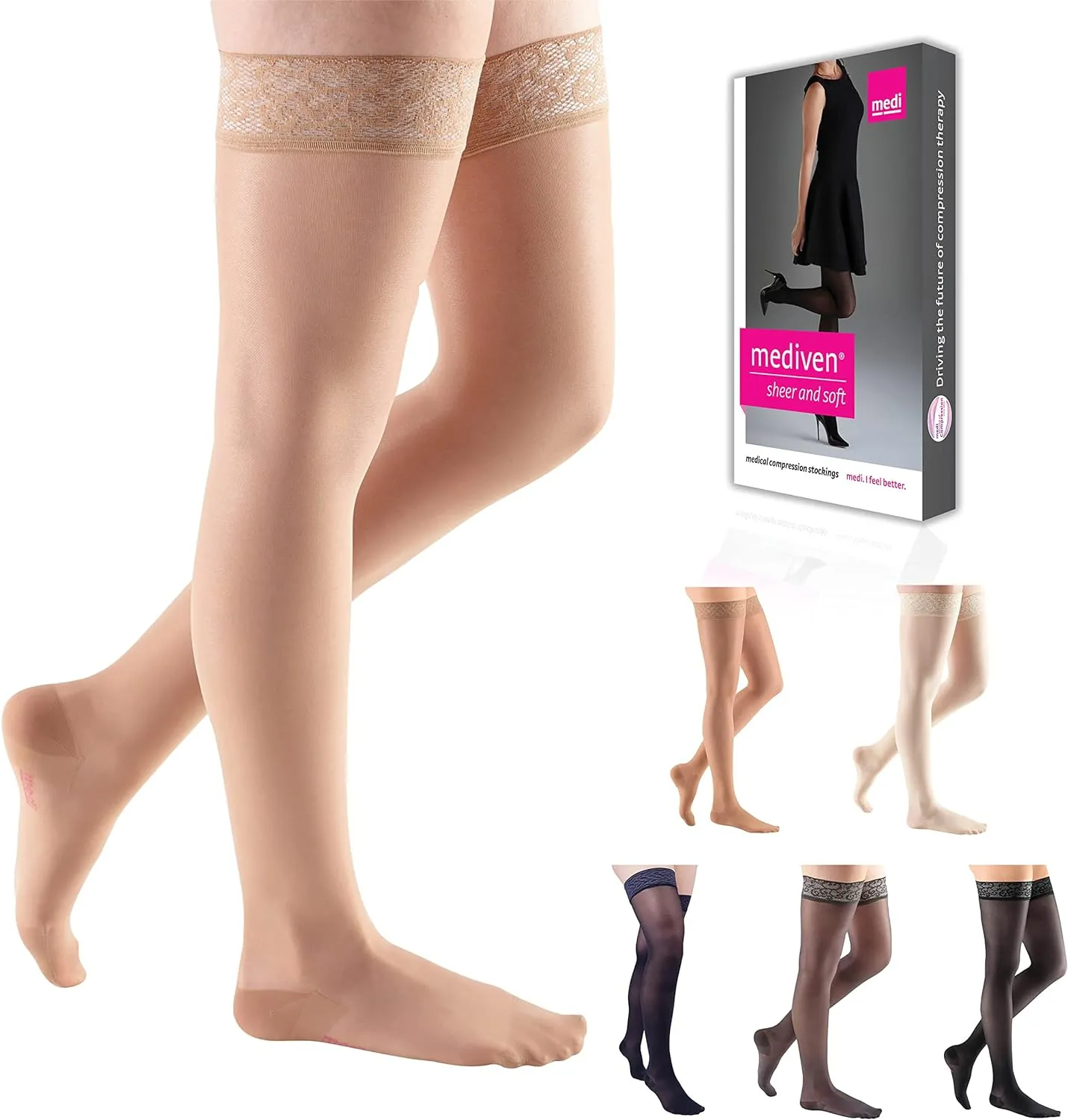 Medi Comfort 15-20mmHg Closed Toe Thigh Length w/Lace Silicone Top Band - Petite