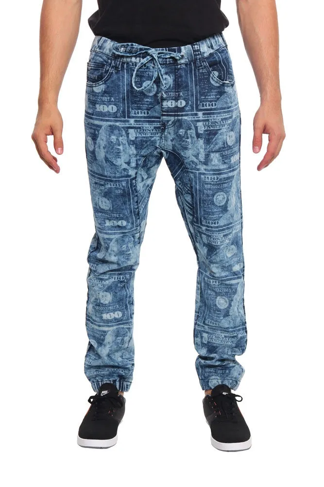 Men's Money Print Denim Jogger Pants