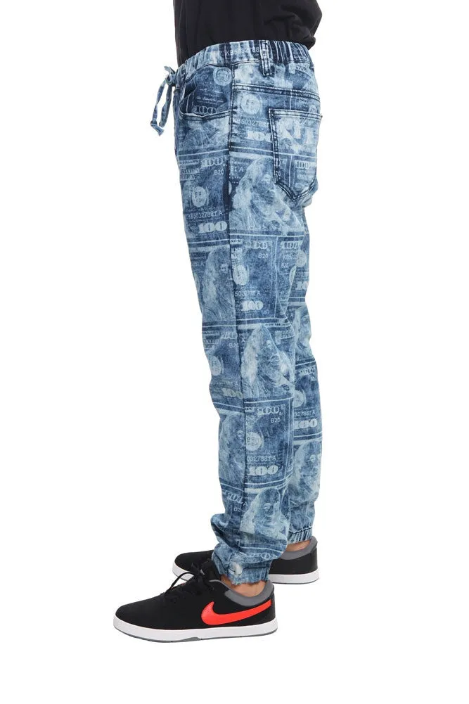 Men's Money Print Denim Jogger Pants