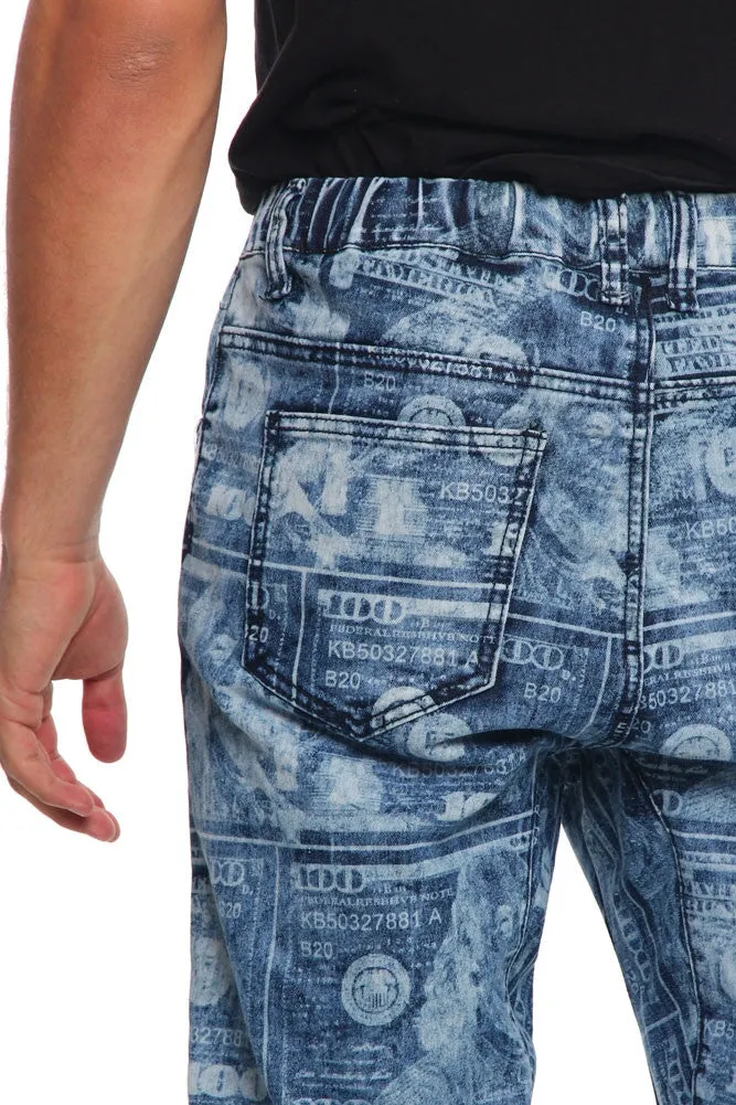 Men's Money Print Denim Jogger Pants