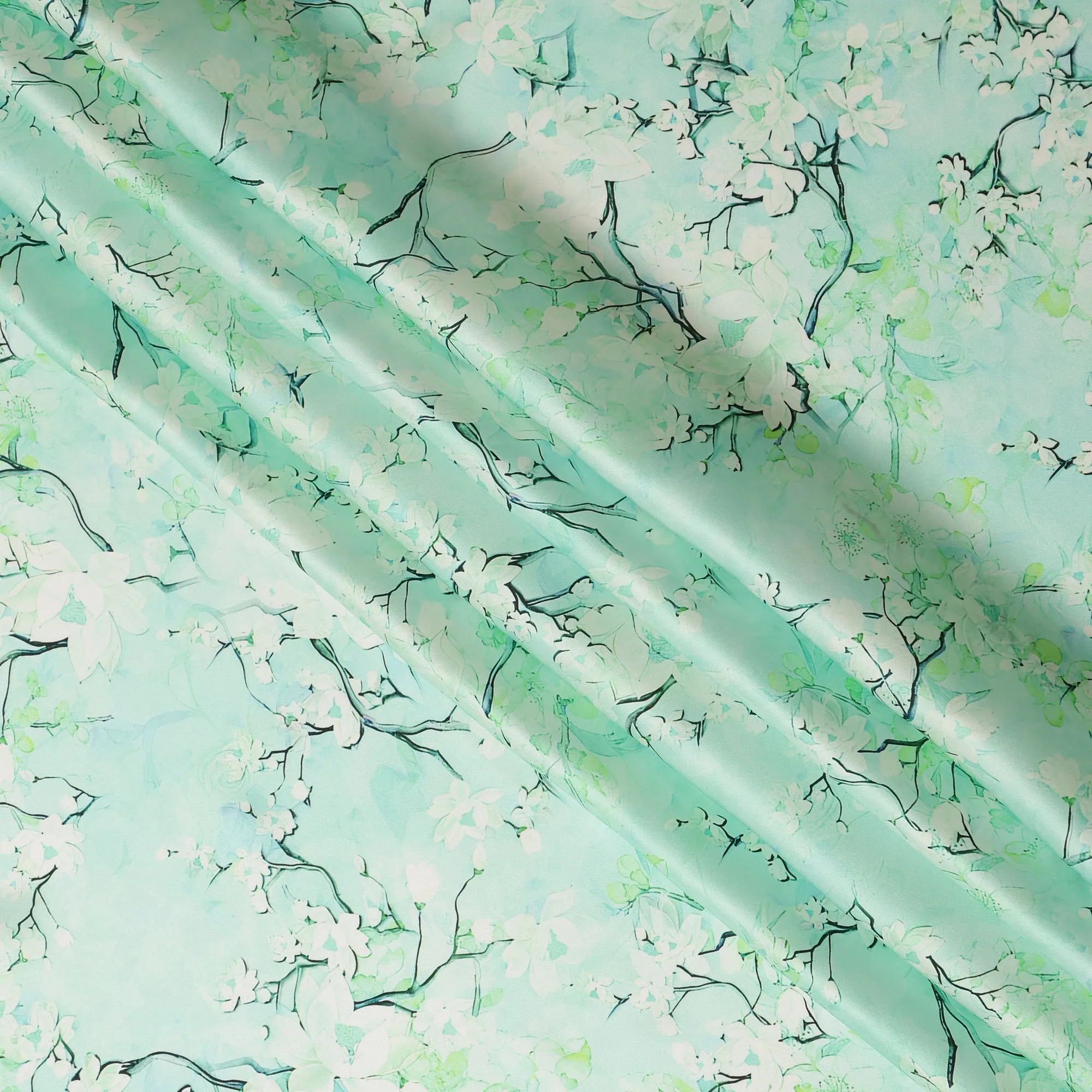 Mint Green Blossom Pure Silk Satin Fabric - 140 cm Width, Made in Italy-D20733