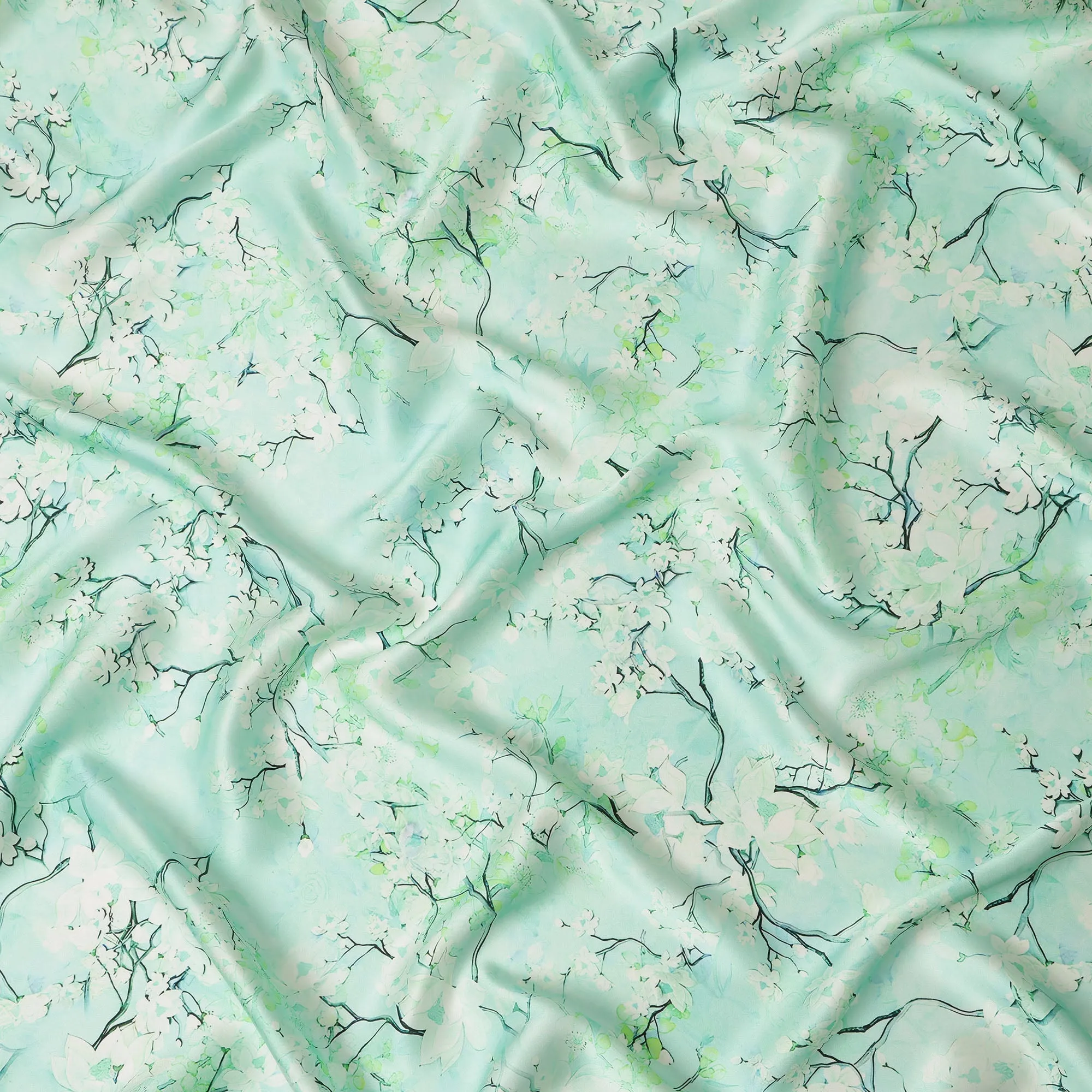 Mint Green Blossom Pure Silk Satin Fabric - 140 cm Width, Made in Italy-D20733