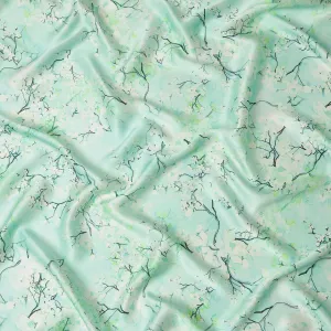 Mint Green Blossom Pure Silk Satin Fabric - 140 cm Width, Made in Italy-D20733