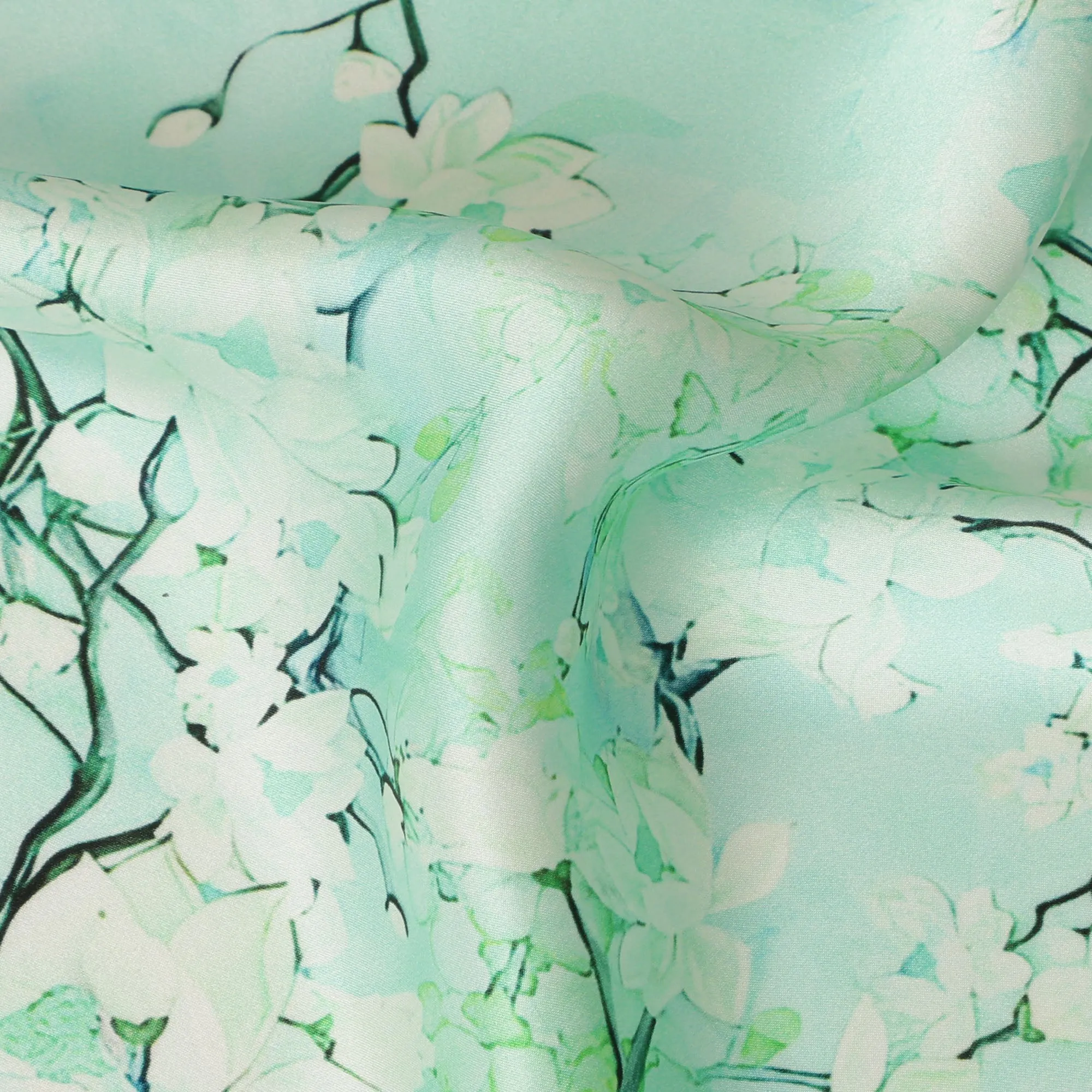 Mint Green Blossom Pure Silk Satin Fabric - 140 cm Width, Made in Italy-D20733