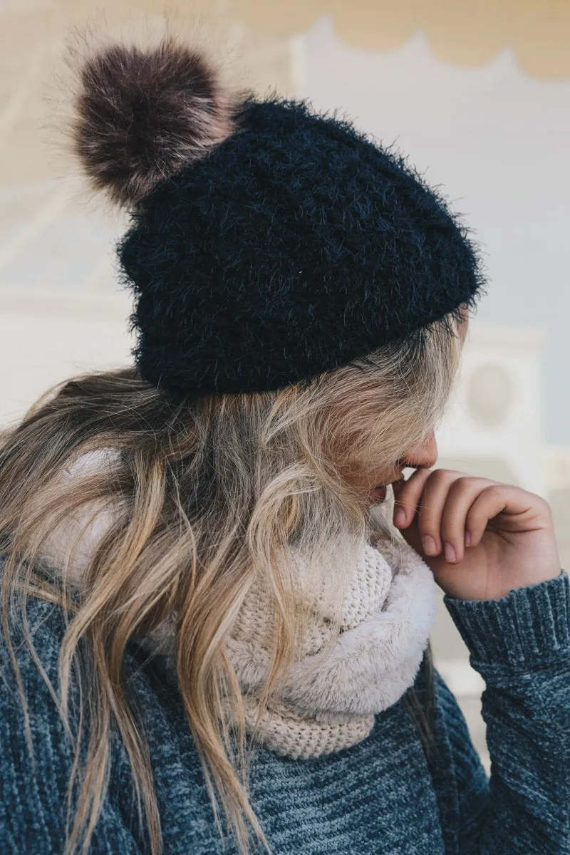 Mohair Fur Knit Pom Beanie