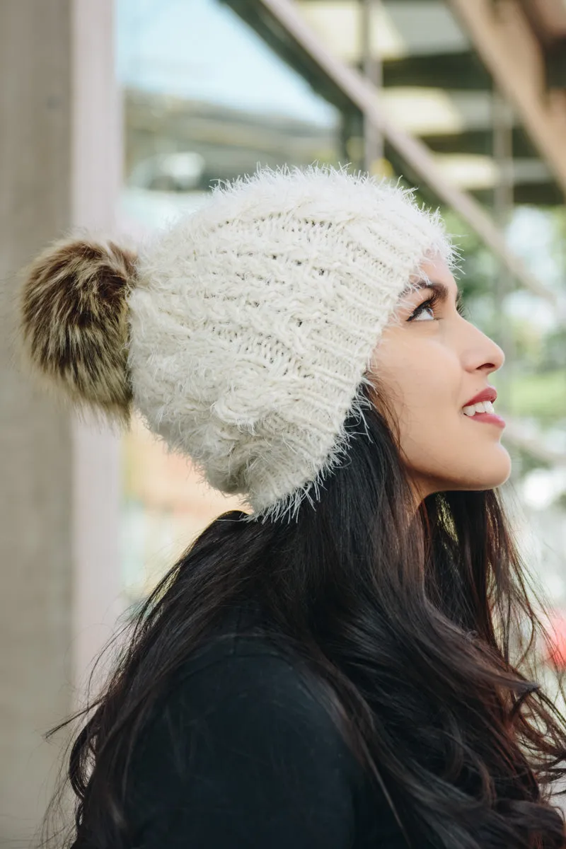 Mohair Fur Knit Pom Beanie