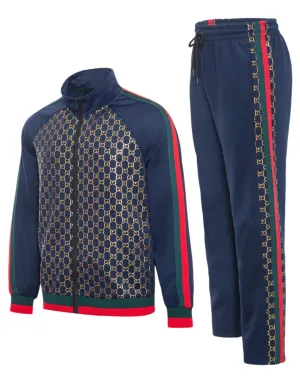 Navy Men's Jogging Set Tracksuit Gold Print Style Red and Green Strips Style No: MTK03