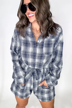 Navy Plaid Button Down Romper