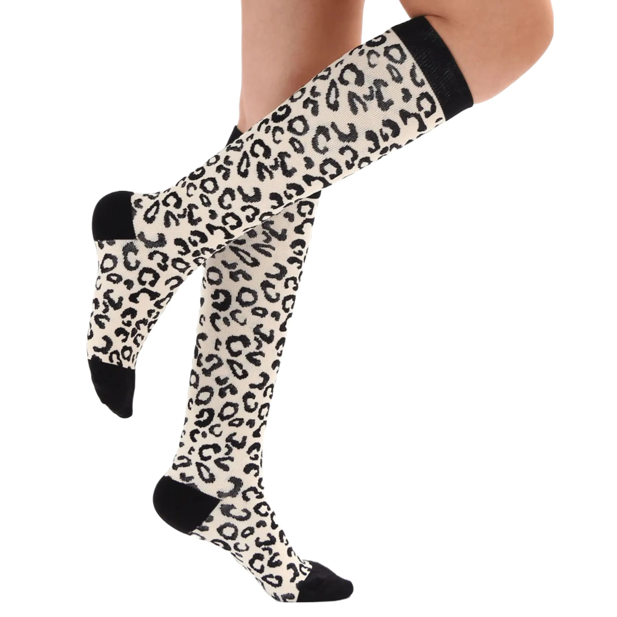 Off White Animal (Leopard) Print Knee High Socks (Compression Socks)