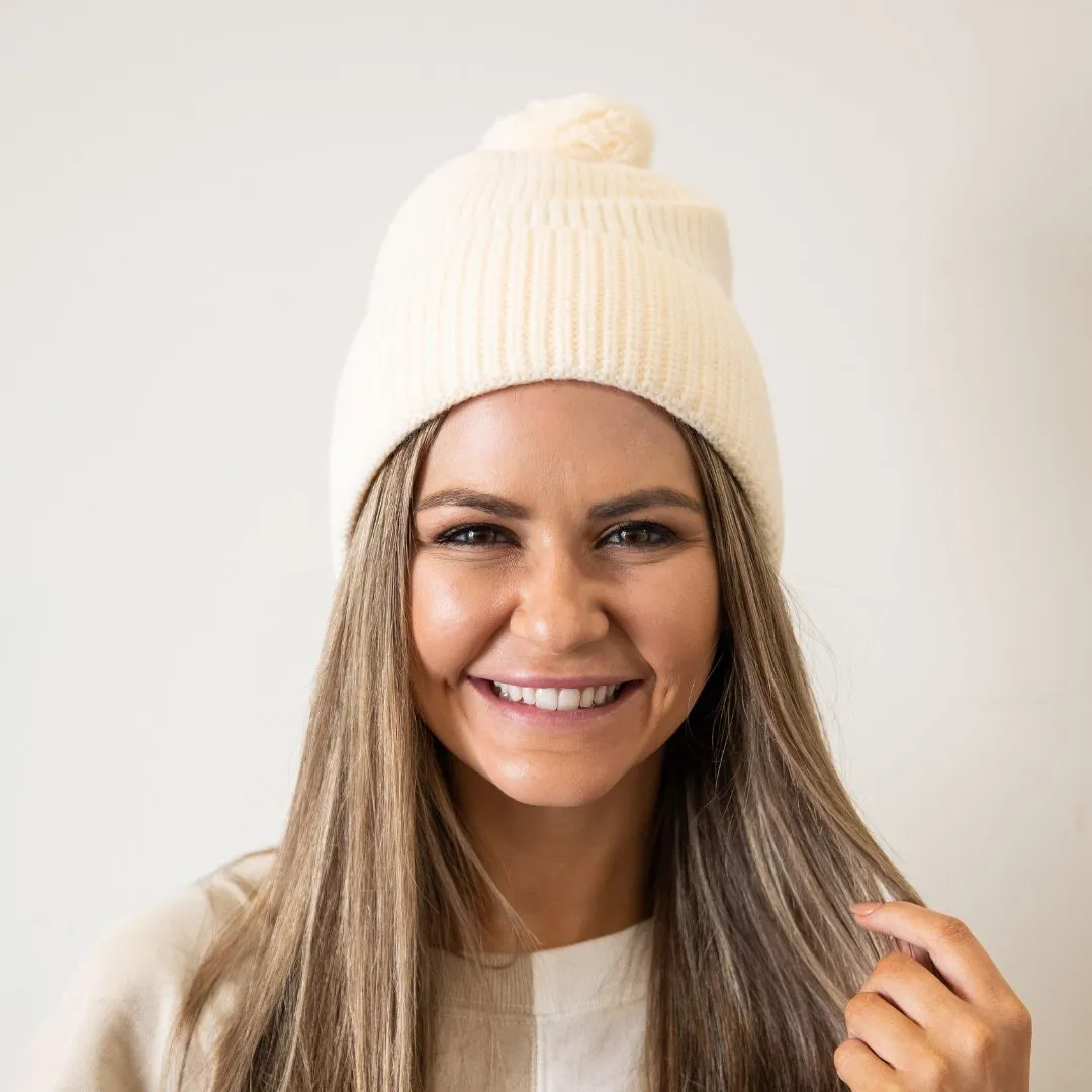 Removable Pom Pom Beanie - Cream