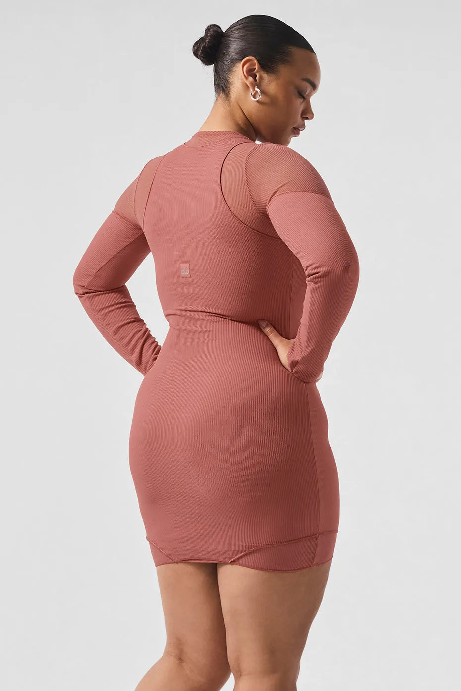 Striped Mesh Synergy Long Sleeve Dress - Soft Terracotta