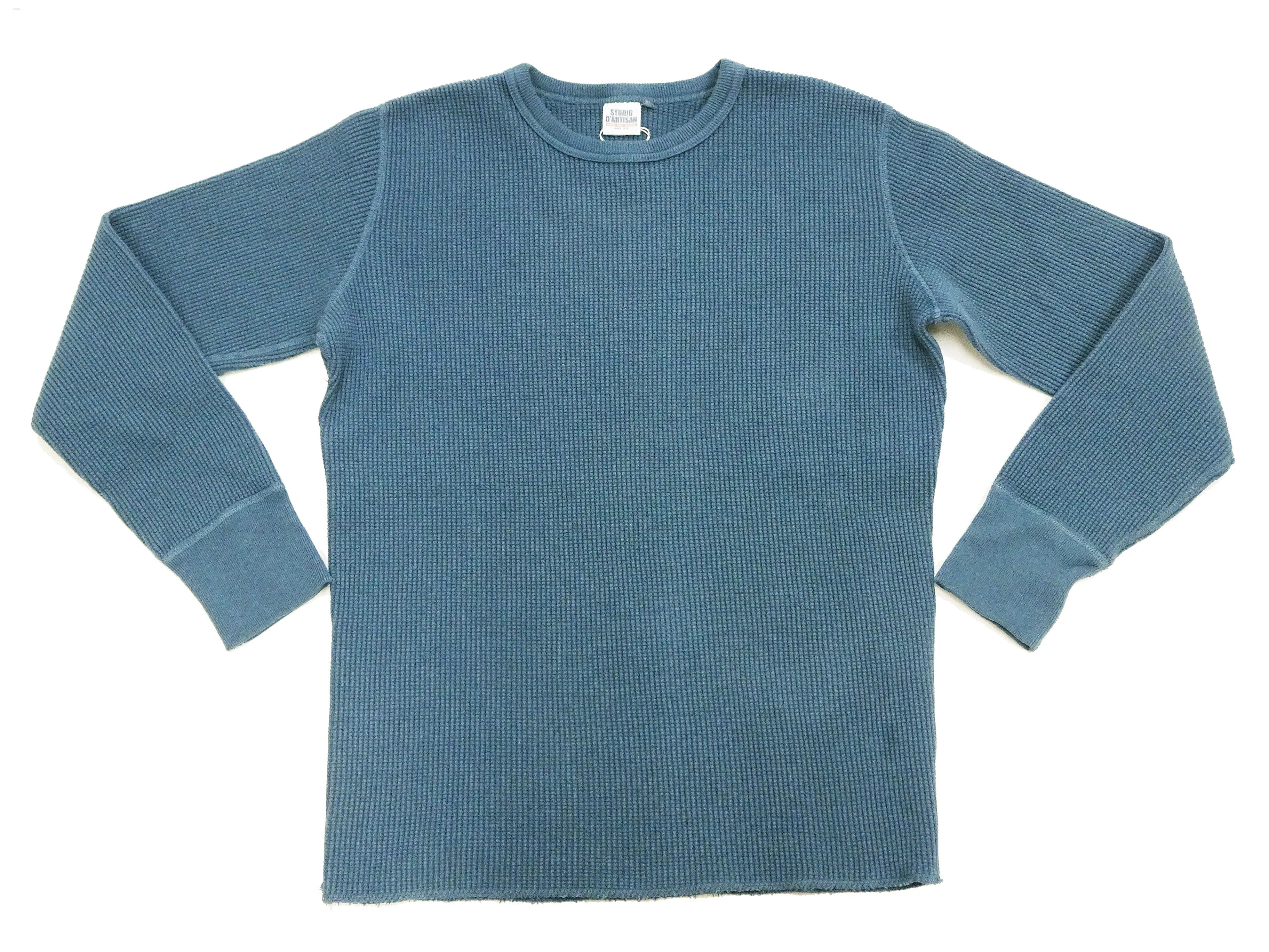 Studio D'artisan Waffle-Knit Thermal T-Shirt Men's Casual Long Sleeve Plain Crew-Neck Heavyweight Thermal Tee 9936 Faded-Blue