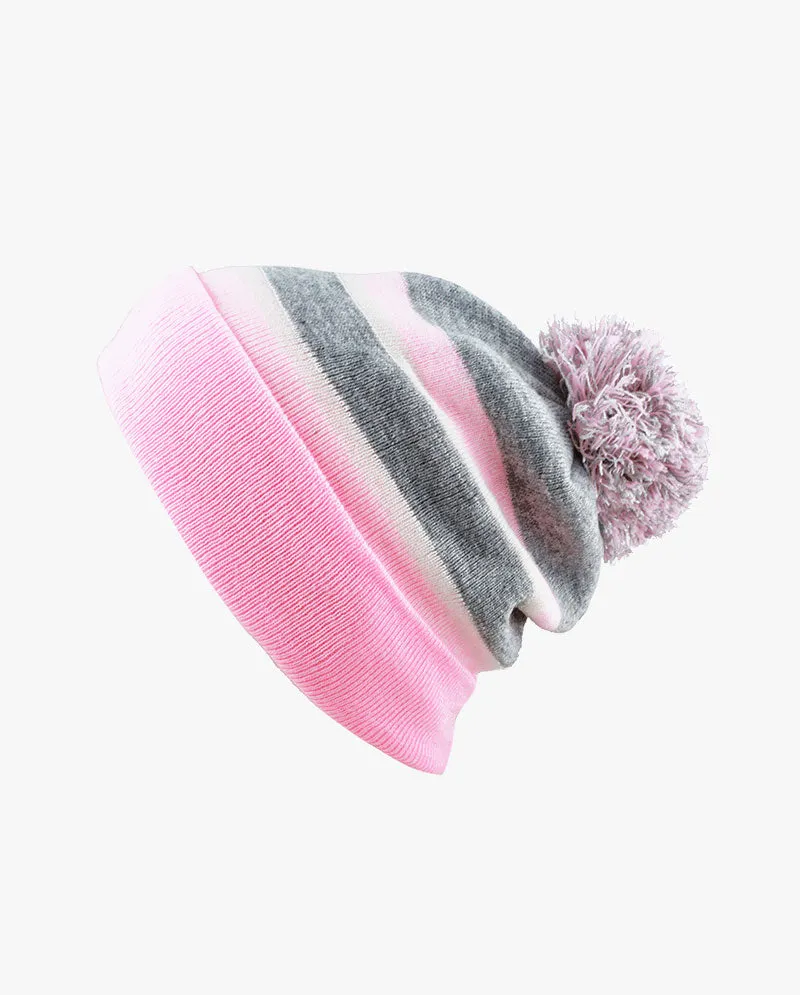 The Hat Depot - Cuffed Pom Pom Stripe Knit Slouch Beanie