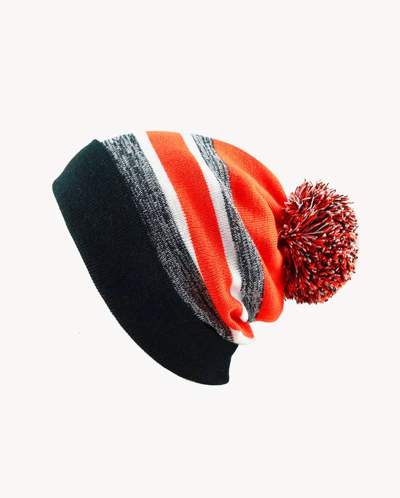 The Hat Depot - Cuffed Pom Pom Stripe Knit Slouch Beanie