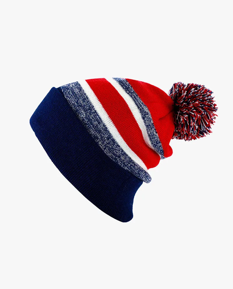 The Hat Depot - Cuffed Pom Pom Stripe Knit Slouch Beanie