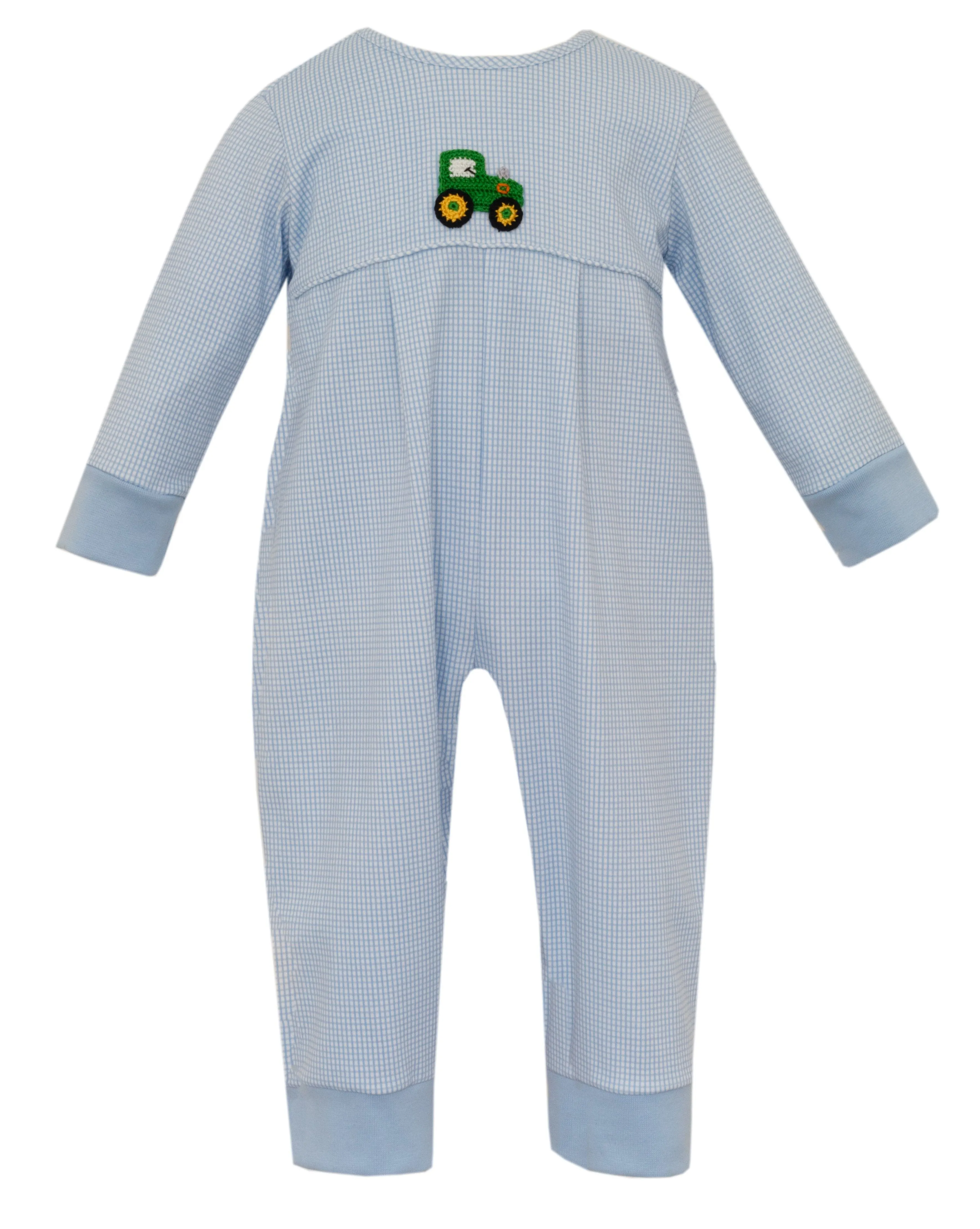 Tractor Knit Romper- Blue Windowpane