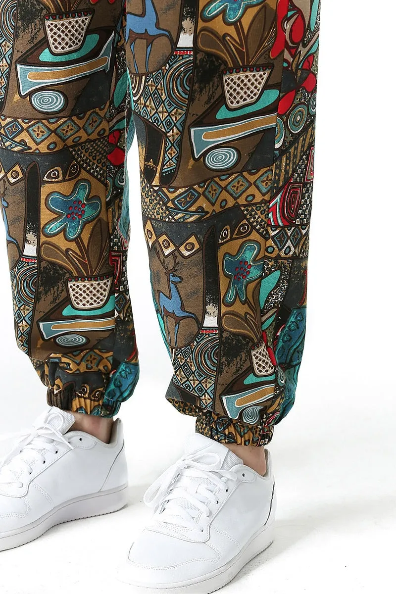 Traditional Nation Print Cotton Linen Joggers for Men yoga Harem Trousers for Men