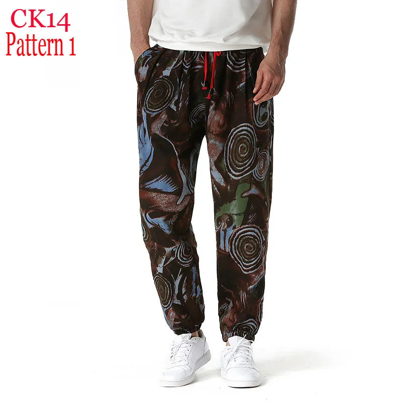 Traditional Nation Print Cotton Linen Joggers for Men yoga Harem Trousers for Men