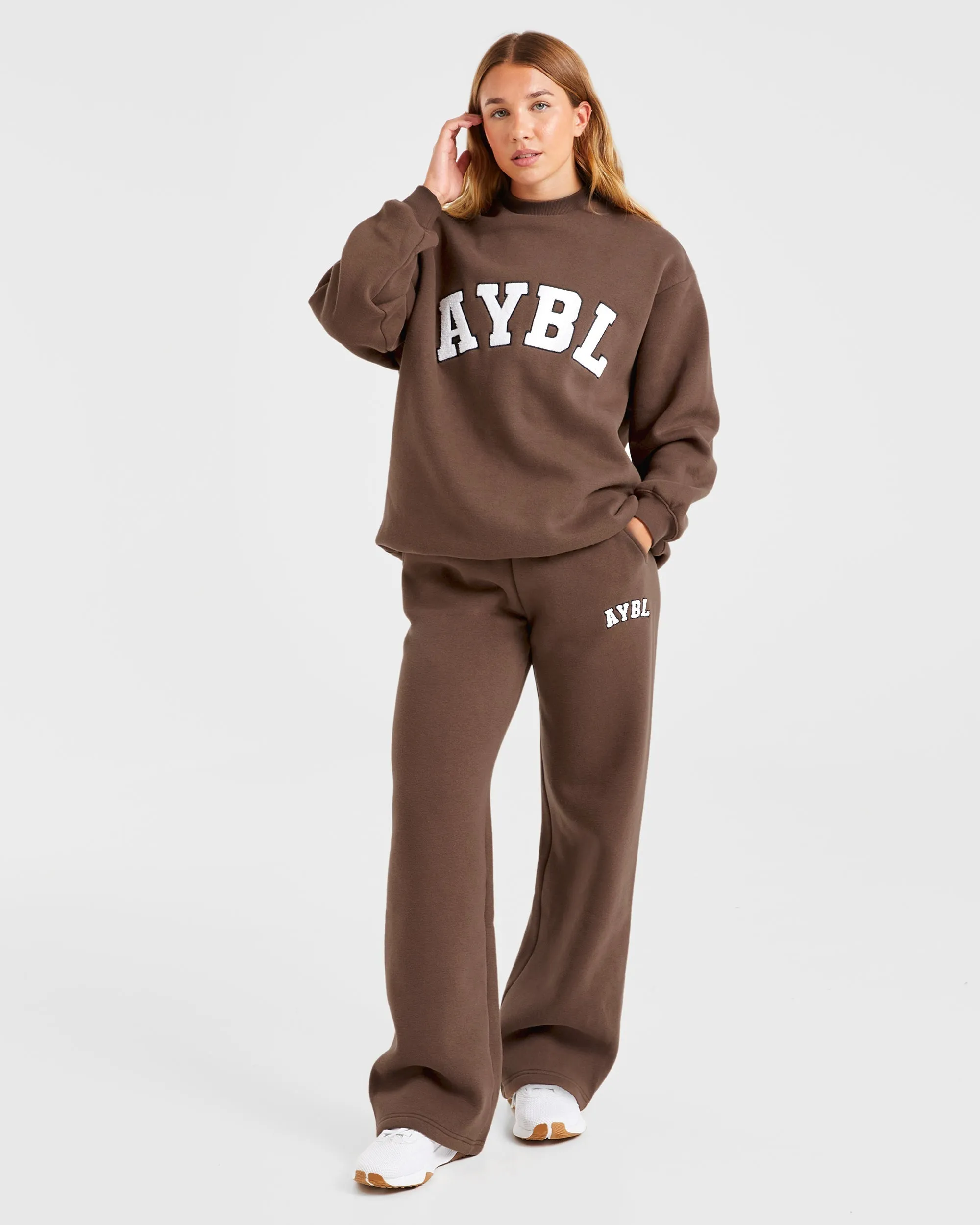 Varsity Oversized Straight Leg Joggers - Brown