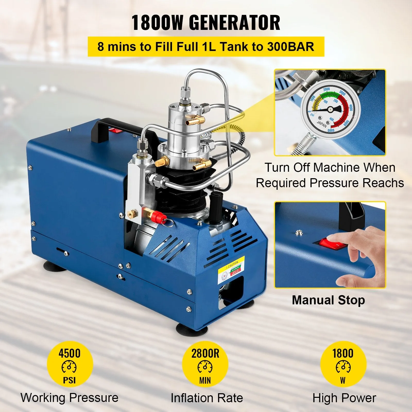 Vevor High Pressure PCP Air Compressor Manual Stop 4500PSI/30MPA/300Bar 1800W 110V New