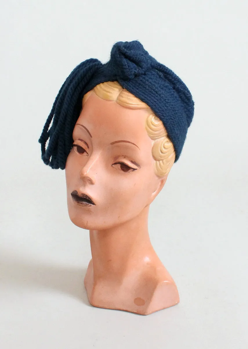 Vintage 1940s Blue Knit Tassel Turban Hat