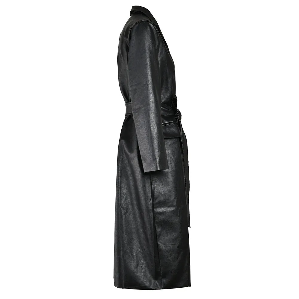 Waist-tight Show Thin Black PU Leather Temperament Coat Commute Leisure Long High-grade Windbreaker