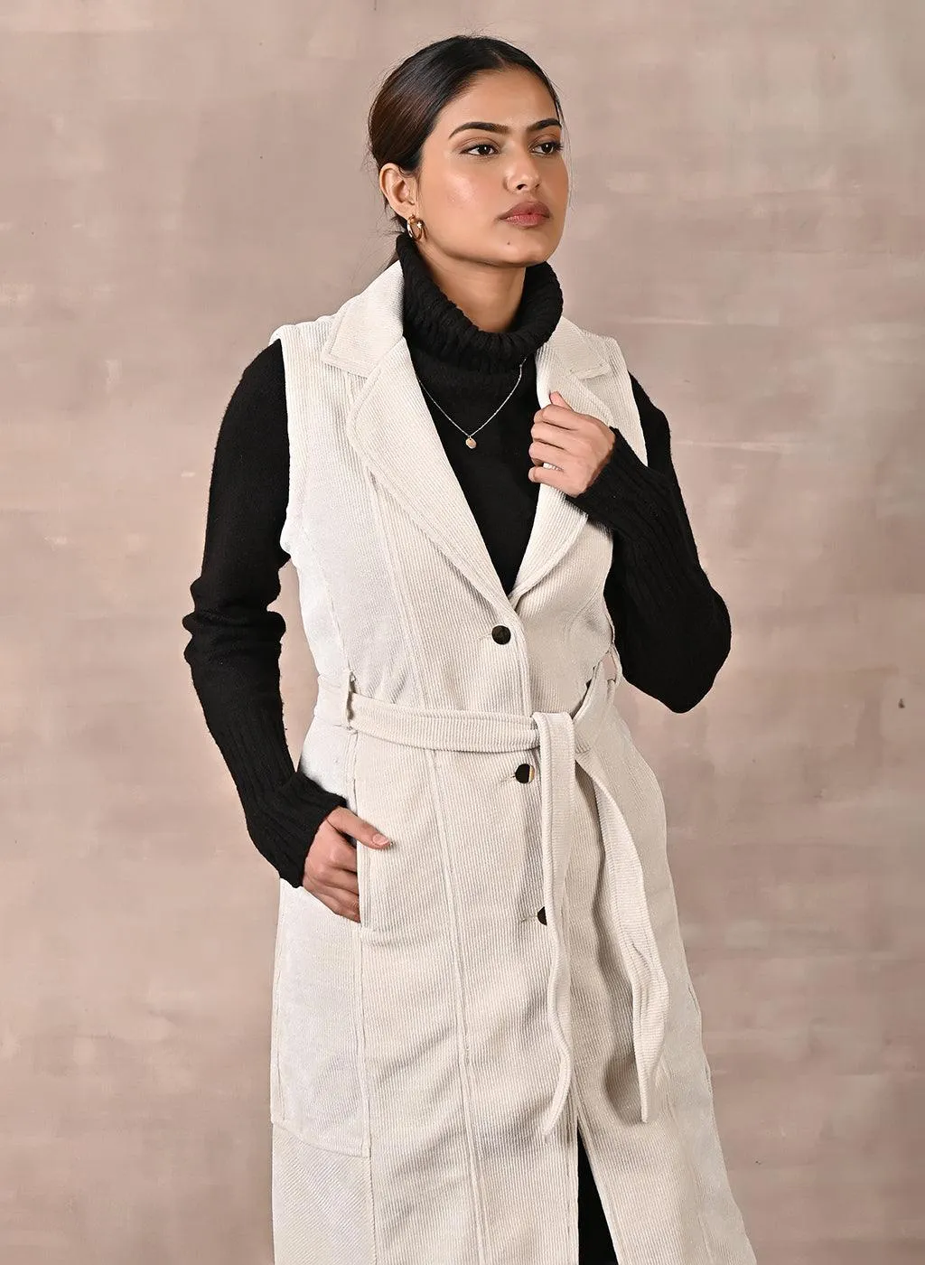 White Sleeveless Corduroy Trench Coat