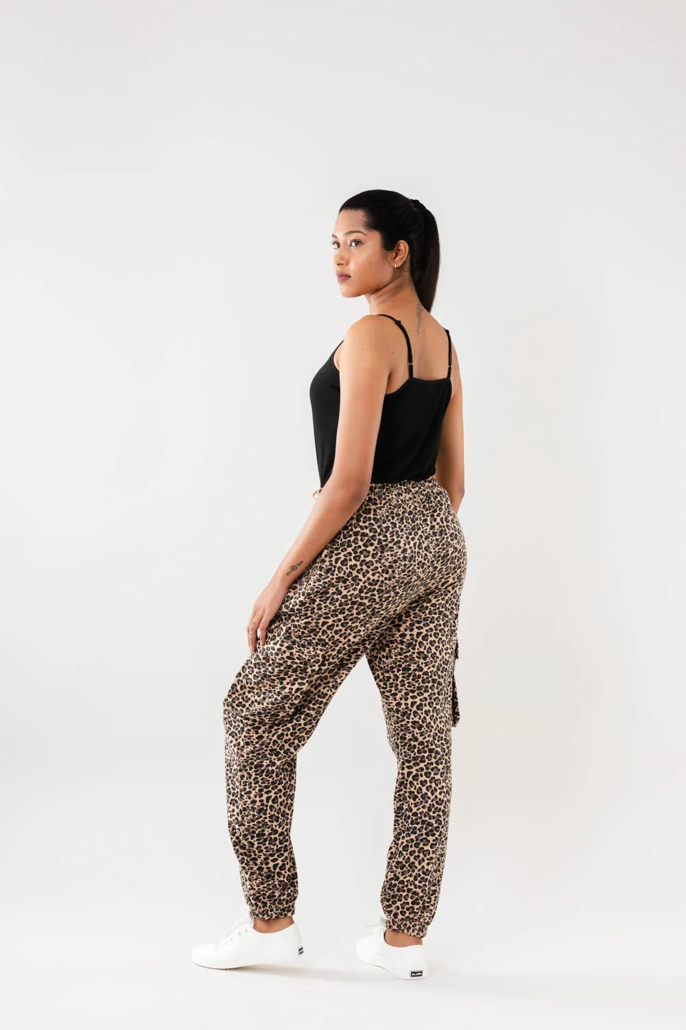 Women Beige Multi Faux Cargo Joggers