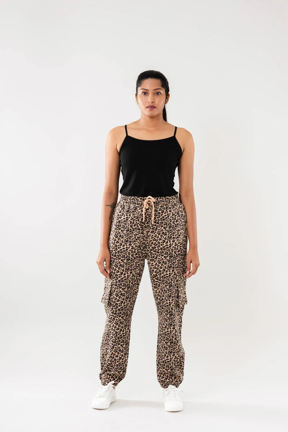 Women Beige Multi Faux Cargo Joggers