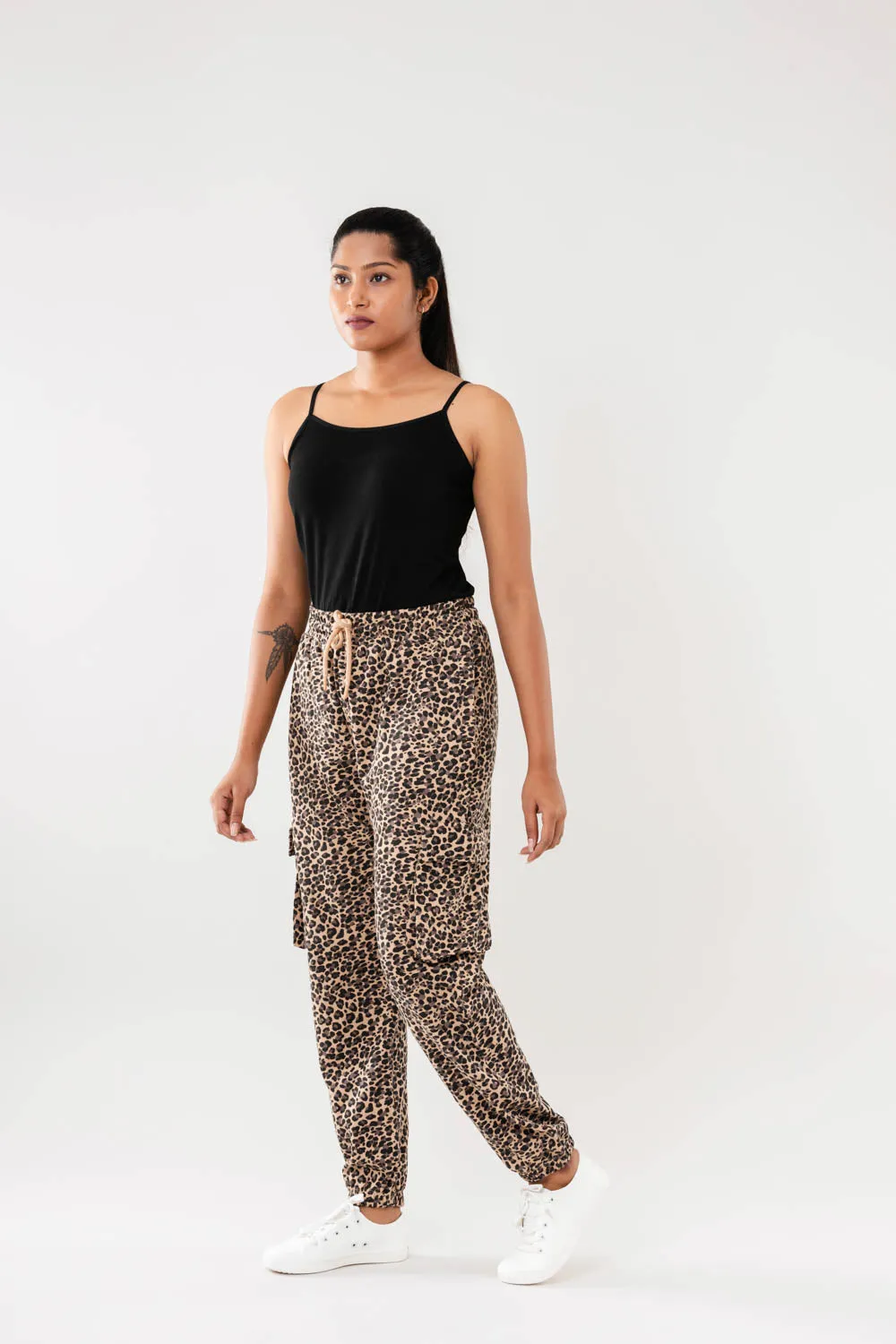 Women Beige Multi Faux Cargo Joggers