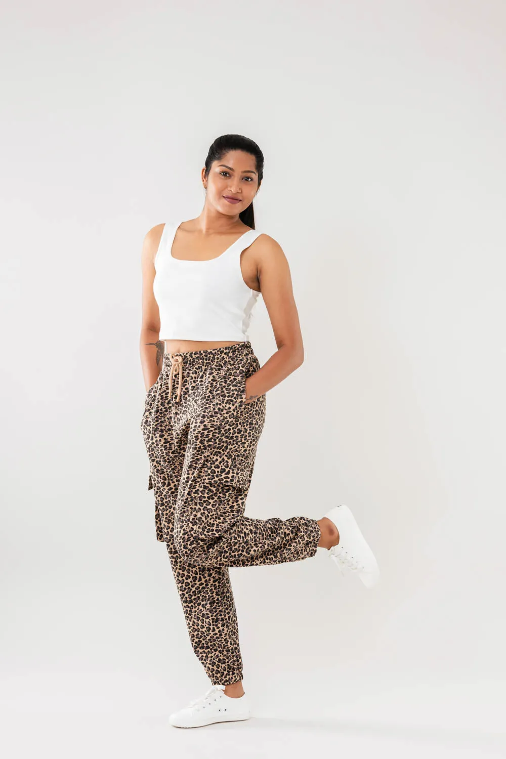 Women Beige Multi Faux Cargo Joggers