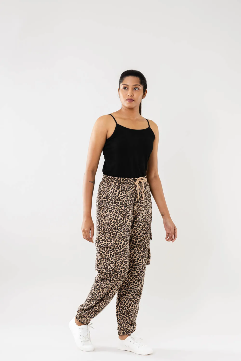 Women Beige Multi Faux Cargo Joggers