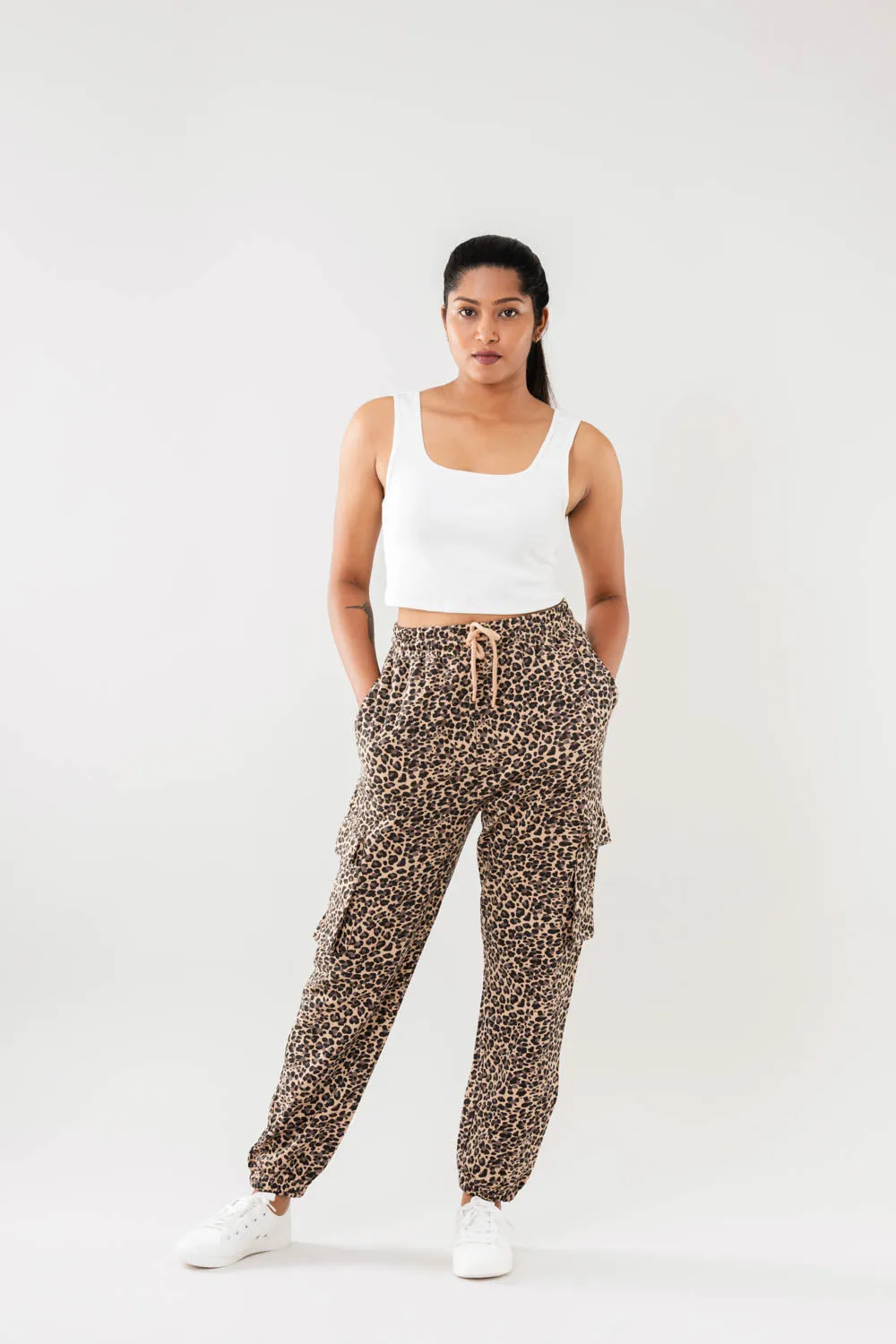 Women Beige Multi Faux Cargo Joggers