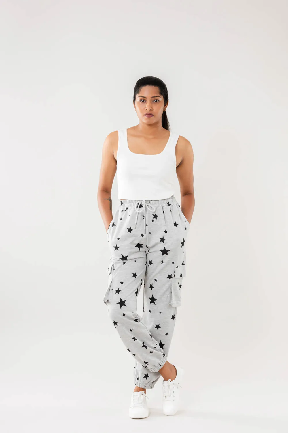 Women Greymelange Star Print Cargo Joggers