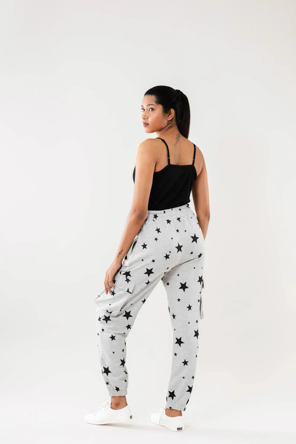 Women Greymelange Star Print Cargo Joggers