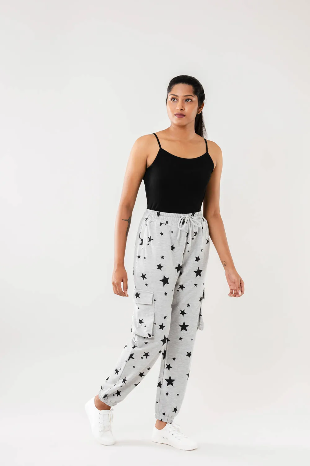 Women Greymelange Star Print Cargo Joggers