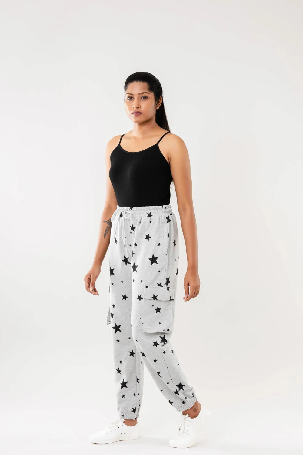 Women Greymelange Star Print Cargo Joggers