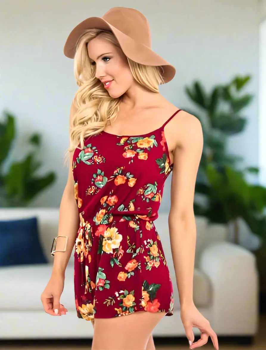 Womens Floral Shorts Romper, Sleeveless Summer Jumpsuit, Sizes S/M/L, Maroon/Multi