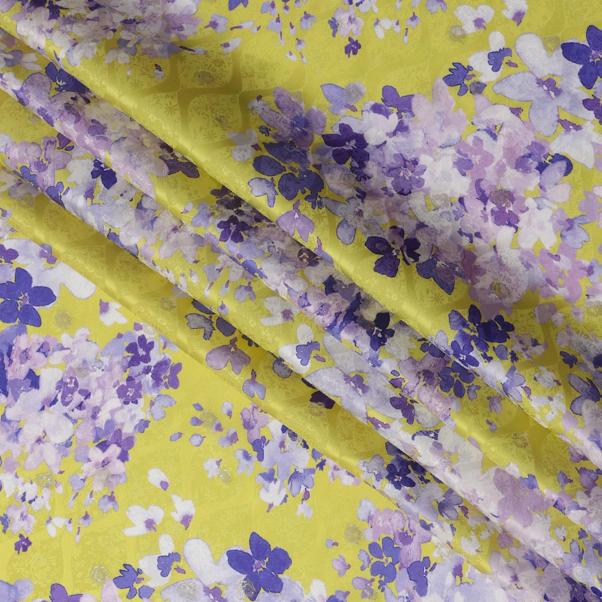 Yellow Floral Silk Satin Fabric with Metallic Accents, Width 140 cm, South Korea-D21282