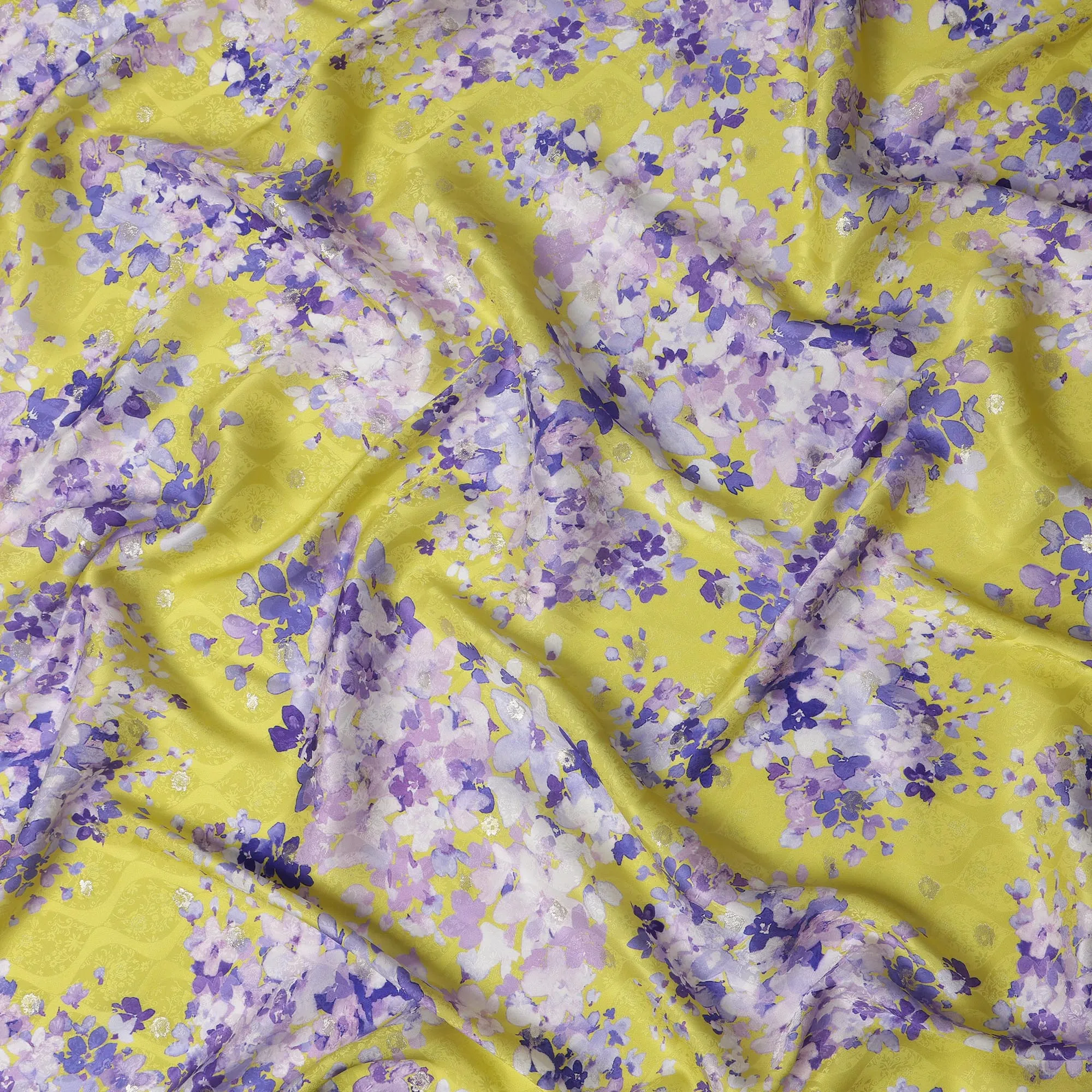 Yellow Floral Silk Satin Fabric with Metallic Accents, Width 140 cm, South Korea-D21282